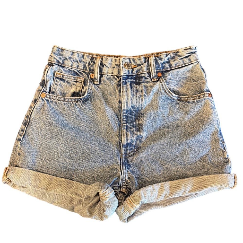 Zara Womens High Waisted Acid Wash Denim Shorts Light Blue Rolled Hem Size 4 26‎